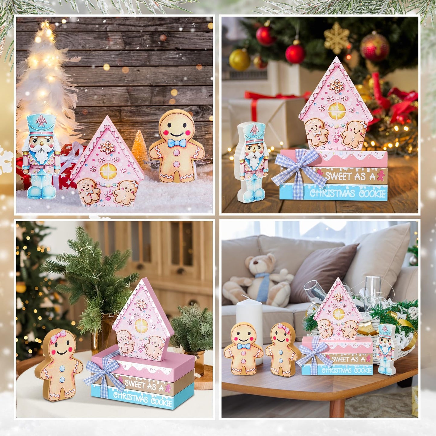 Sivak 6 Pcs Pastel Pink Gingerbread Christmas Decor Gifts, Pastel Pink Christmas Decorations Indoor, Gingerbread House Decorations, Xmas Decor for Farmhouse Home Office Mantel Shelf Table Tiered Tray