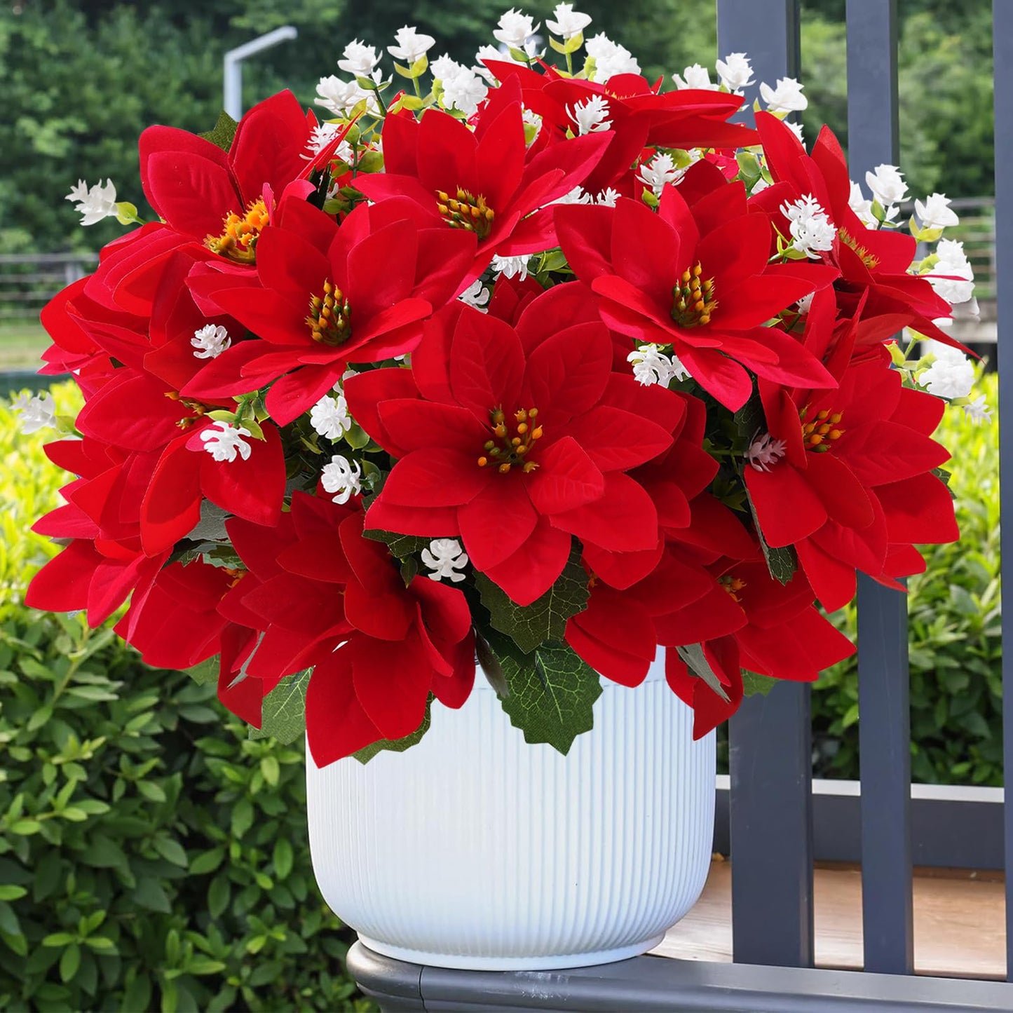 MATBAR Christmas Artificial Flowers for Outdoors Red Poinsettia Flowers Artificial 12 Bundles Mixed UV Resistant Faux Flowers for Outdoor Planters Garden Porch Patio Home Winter Decor