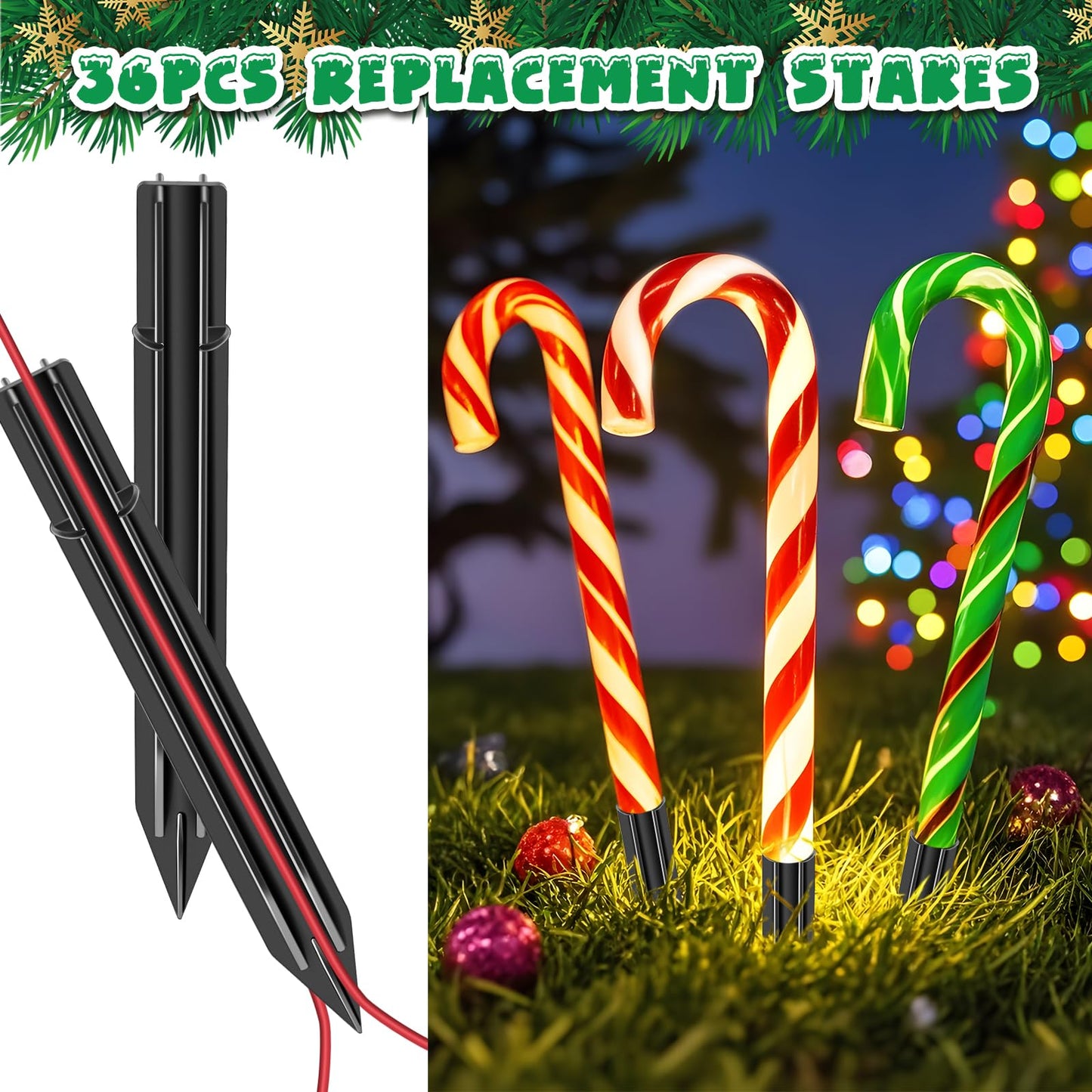 36PCS 0.6x6.05'' Replacement Stakes for Christmas Candy Cane Lights Plastic Pathway Light Spikes,Christmas Light Spike Replacer for Outdoor Candy Cane Lights Use on Path Walkway Lawn Garden