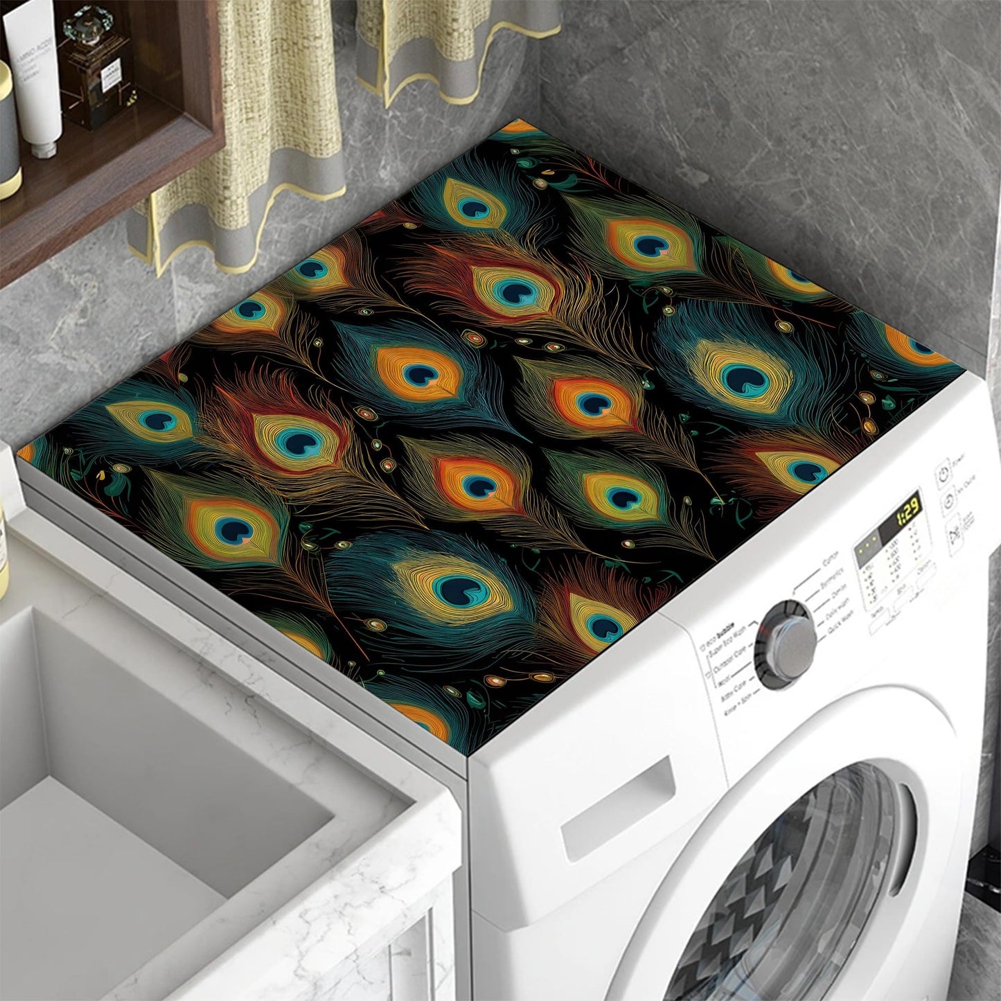 Green Peacock Feathers Washer and Dryer Covers for the Top, Non Slip Washing Machine Cover, Thickened & Dust Proof & Quick Drying Cover for Home Laundry Kitchen (23.6 x 19.7Inch)