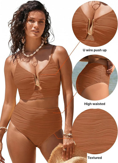 Herseas 2 Piece Bikini Set - U-Wire Cutout High Waisted Swimsuit | Textured Summer Beach Bathing Suit