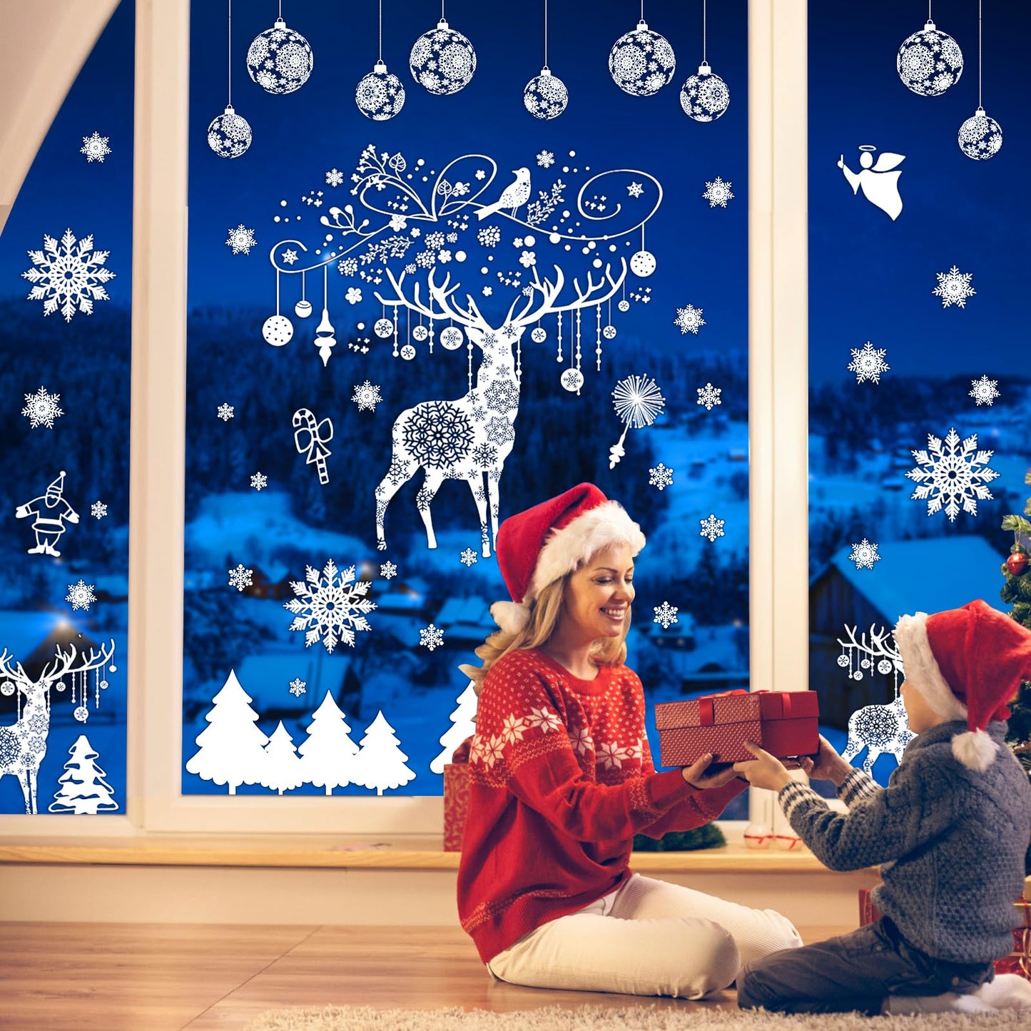 Super Huge Christmas Window Clings Static Snowflake Decorations, Reindeer Xmas Decor Winter Wonderland Decorations Window Stickers Decals for Indoor Holiday Party Decoration (4 Sheets)