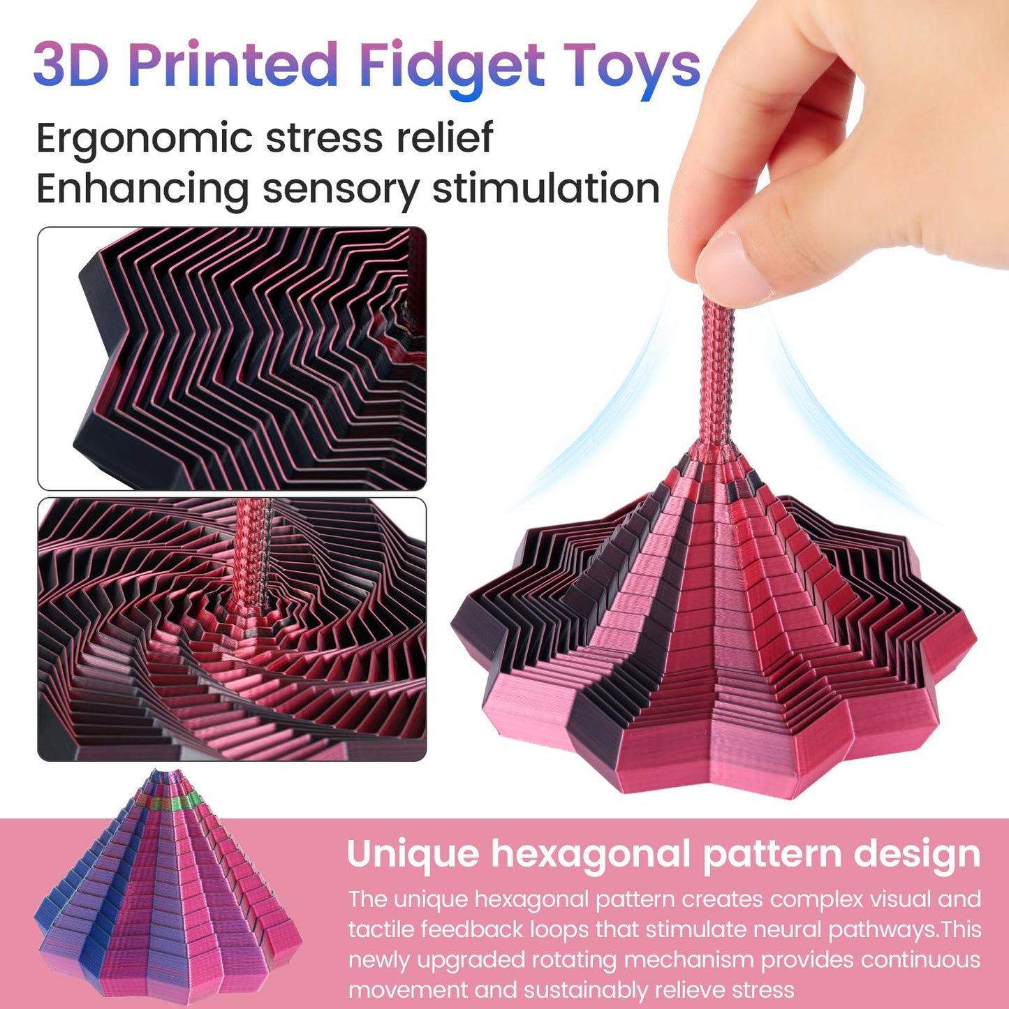 2 PCS 3D Printed Sensory Fidget Star with Handles, Colorful Fractal Expanded Fidgets Hexagon Whirling Spiral Star Shaped Toys for Office Desktop Decompression Toys Stress Relief Whirling Spiral