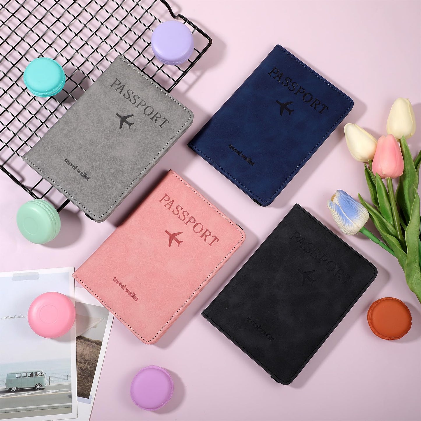 4 PCS Passport Holder Cover Combo Leather Passport Holder Combo with Vaccine Card Slot Passport Cover Passport Case Cover Protector PU Travel Documents Organizer for Women and Men Passport Wallet