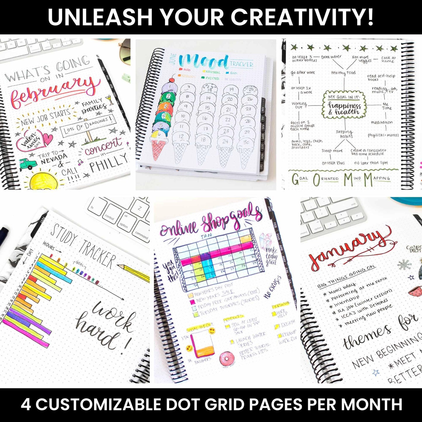 bloom daily planners Undated Dot Journaling Calendar Planner - Essential Weekly/Monthly Grid Style Agenda Book (7" x 9") - V2