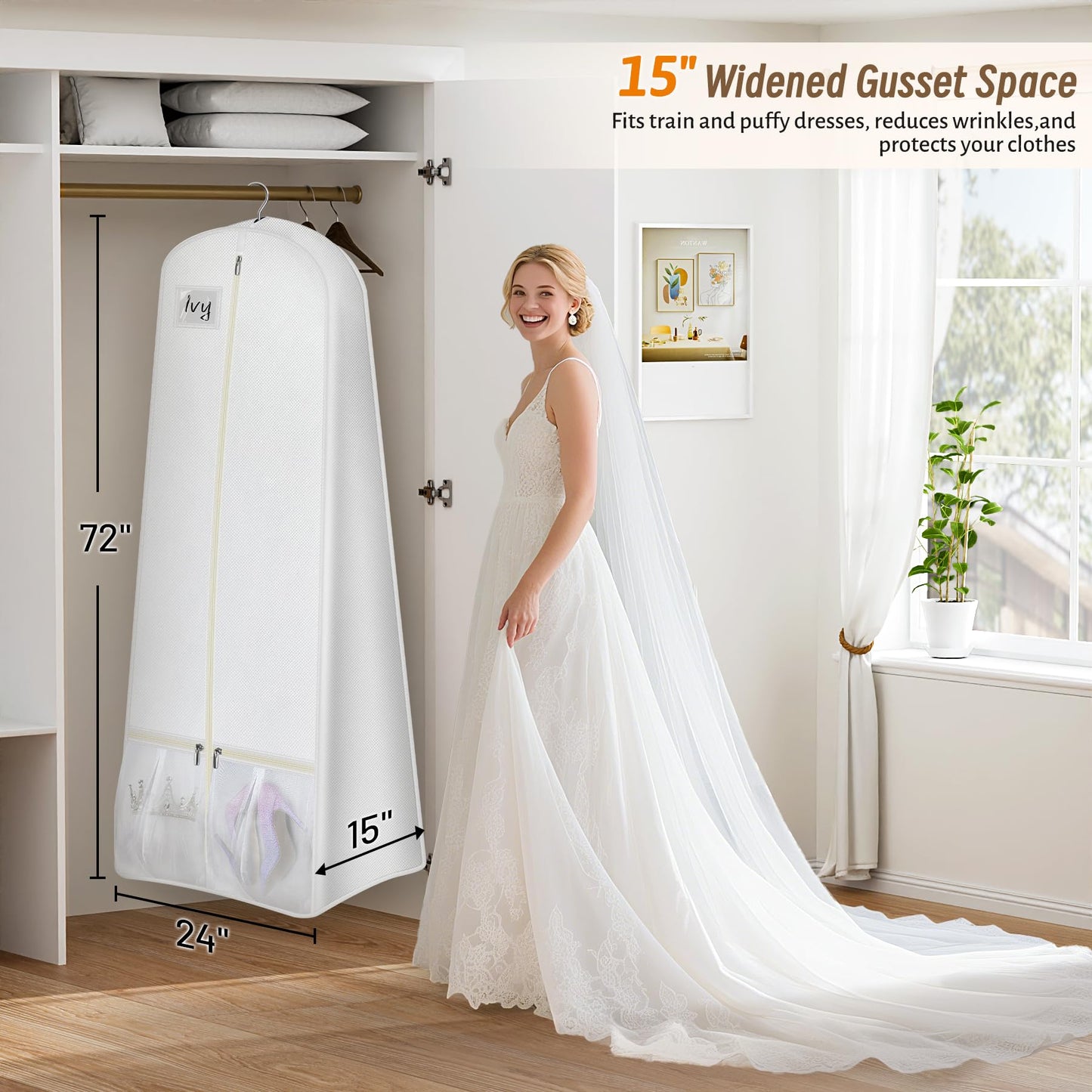 KIMBORA 72” Wedding Dress Garment Bag with 15” Gusset Bridal Dress Bags for Gowns Long Storage and Travel Large Mesh Pockets Hanging Garment Cover for Women, White