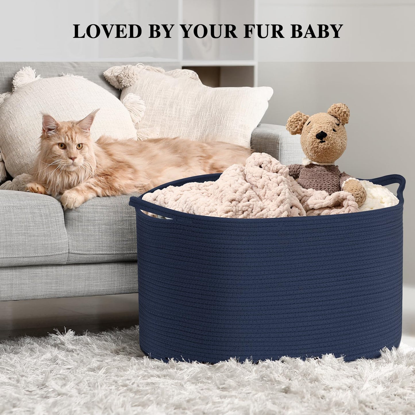 Extra Large Blanket Basket, Maliton Cotton Rope Bin for Toys, Woven Laundry Hamper with Handles, Decorative Storage for Living Room, Bedroom, Kids Room, Bathroom, 22" x 22" x 14", Blue