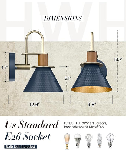 Rustic Wall Sconces Set of Two, HWH Indoor Wall Sconce 1-Light Barn Vanity Light, Gooseneck Barn Wall Lamp for Bathroom Bedroom Kitchen, Hammered Metal Shade, Navy Blue Finish, 5HZG74B-2L BL+BG