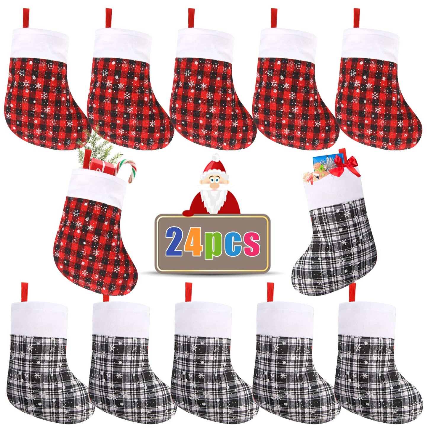 DIYASY Mini Christmas Stockings, 24 Pack Small Buffalo Plaid Stocking Snowflake Red Black Stockings Bulk for Christmas Tree Ornament Decorations Gift Holder（8Inches）