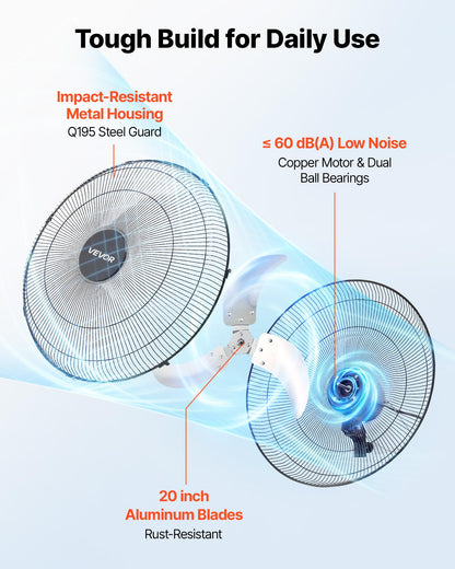 VEVOR Wall Mount Fan, 20 in Wall Mounted Hanging Fan Oscillating, 3-Speed, Long Airflow Distance, Adjustable Rotation Angle, Mechanical Powerful for Industry, Commercial, Garage, Workshop, Gym, 2 Pack