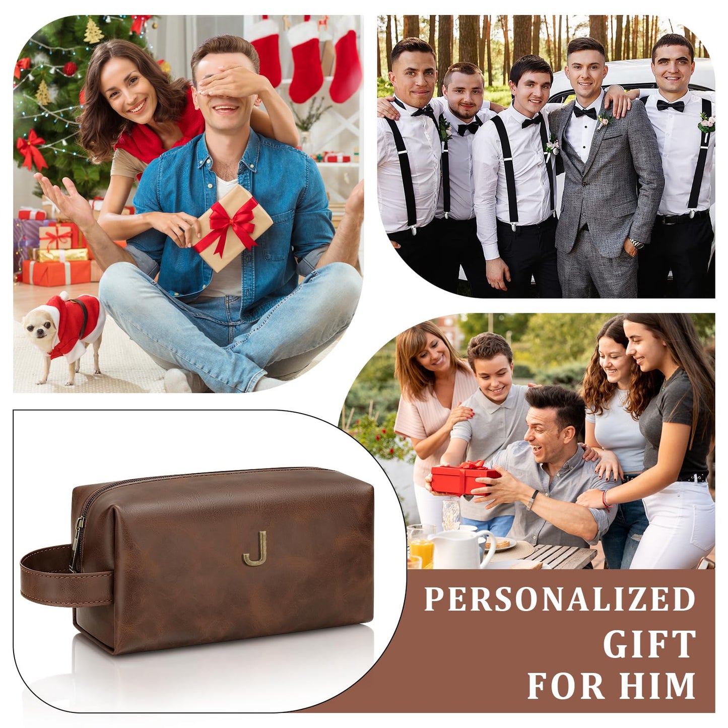 CLOUDWINGS Men’s Father's Day Personalized Gift Initial Travel Toiletry Bag for Him PU Leather Waterproof Shaving Bag for Travel Essentials Birthday Gift for Dad Husband Boyfriend (J)