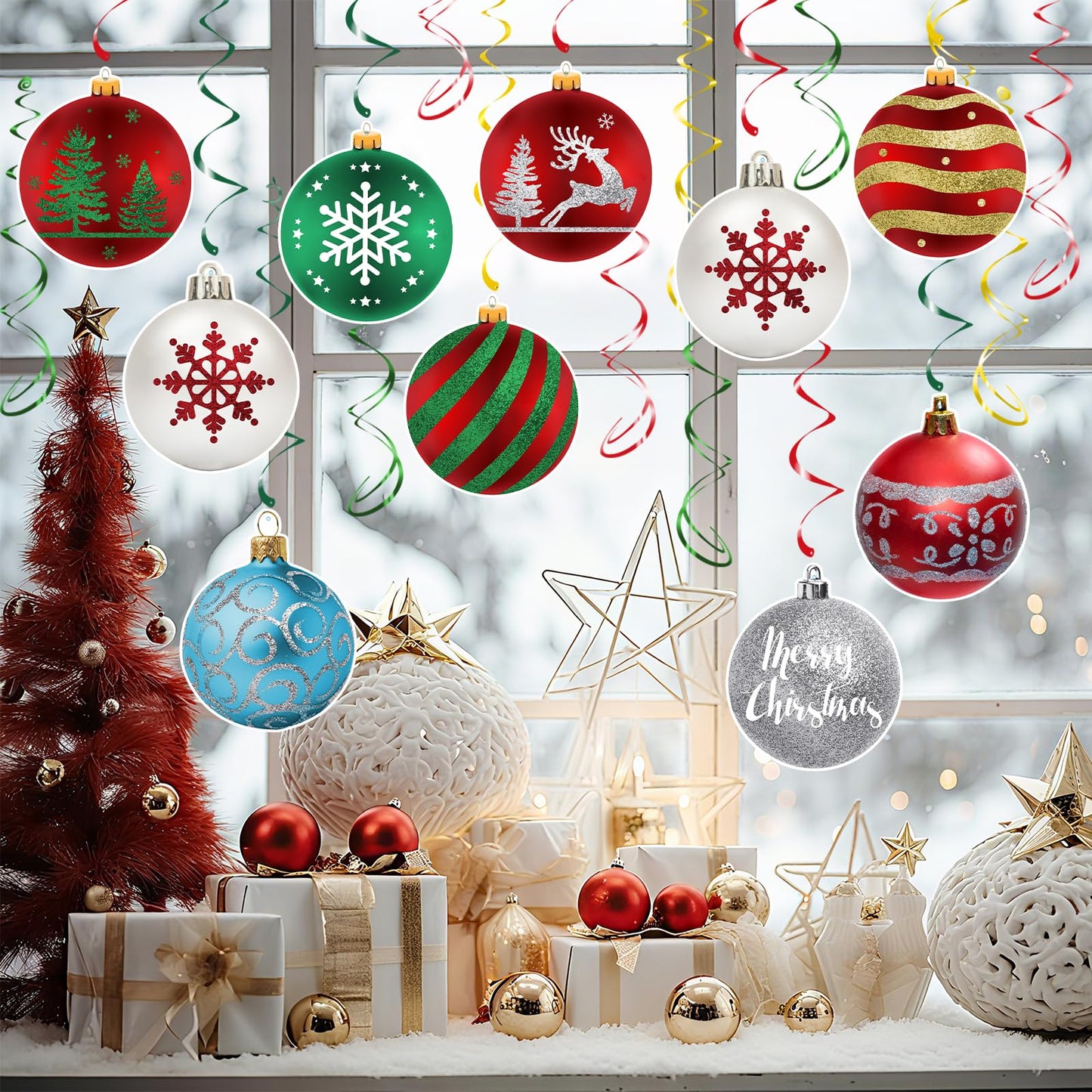 Christmas Hanging Swirl Decorations - 30 Pcs Christmas Ball Hanging Foil Swirl Xmas Tree Snowflake Elk Ceiling Decor for Xmas Holiday Party Supplies