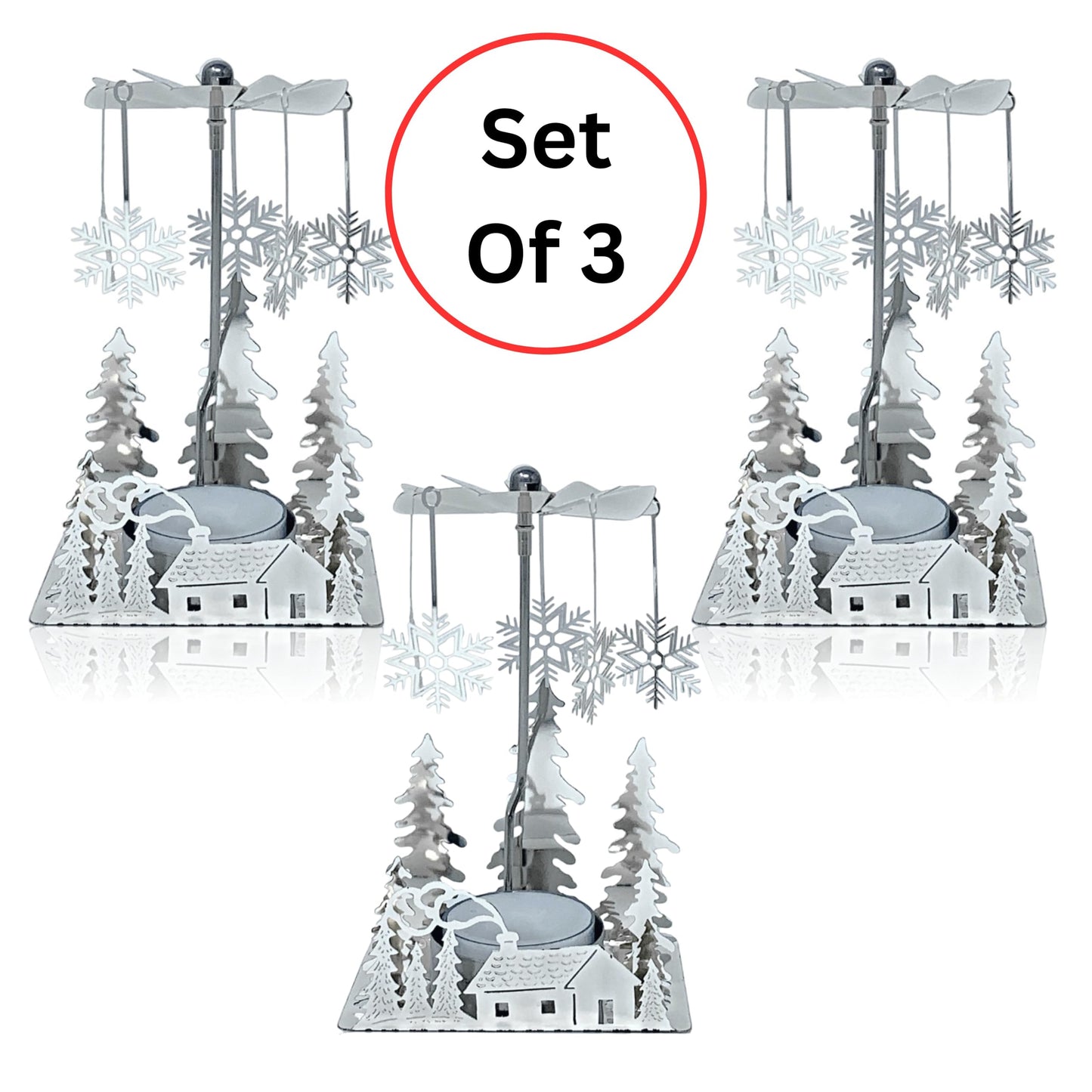 Winter Cabin Silver Holiday Candle Spinners Set of 3, Silver Plated Laser Cut Christmas Tea Light Candle Holders with Cabin, Trees & Snowflake Charms, Spinning Winter Scene Table Decor, 5 Inch