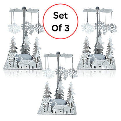 Winter Cabin Silver Holiday Candle Spinners Set of 3, Silver Plated Laser Cut Christmas Tea Light Candle Holders with Cabin, Trees & Snowflake Charms, Spinning Winter Scene Table Decor, 5 Inch