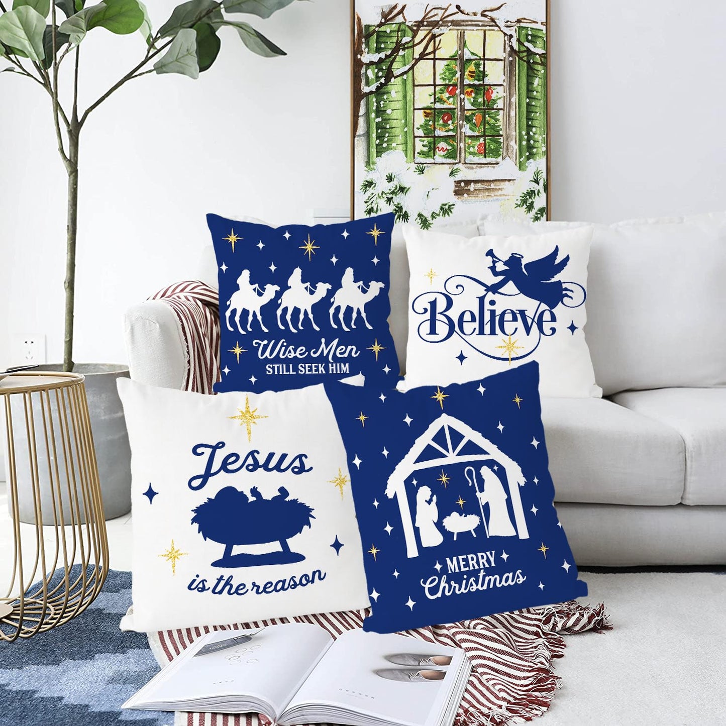 GAGEC Christmas Pillow Covers 18x18 Inch Set of 4 Nativity Religious Pillow Case Blue and White Christmas Xmas Winter Home Decor Living Room House Decorative Cushion Case for Sofa Couch
