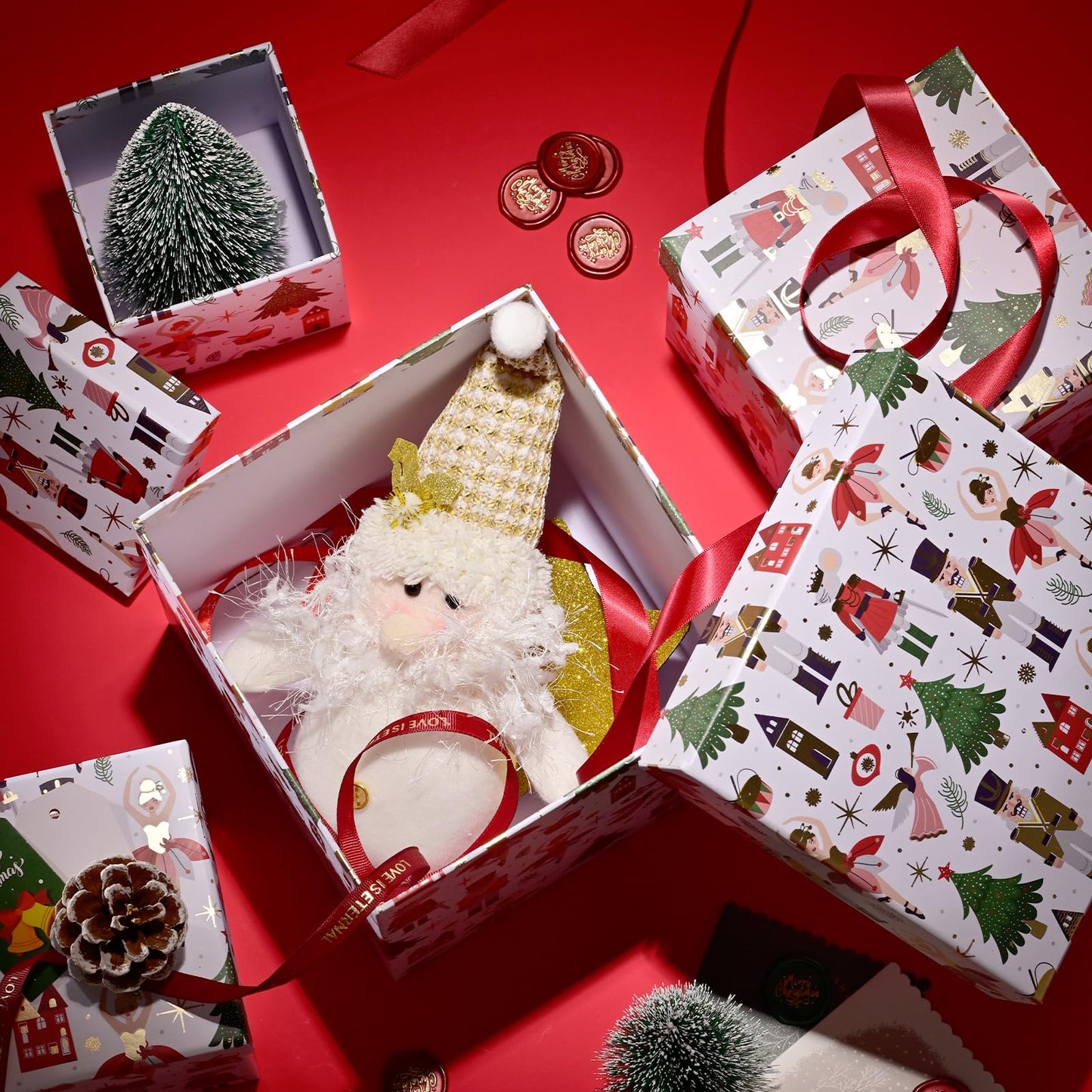 PAPER FAIR 5PCS Christmas Nesting Gift Boxes with Lid, Xmas Nested Box Set, 5 Sizes, Square Stackable, White Ballerina Nutcracker Paper Box Tower Décor, for Holiday Thanksgiving New Year Packaging