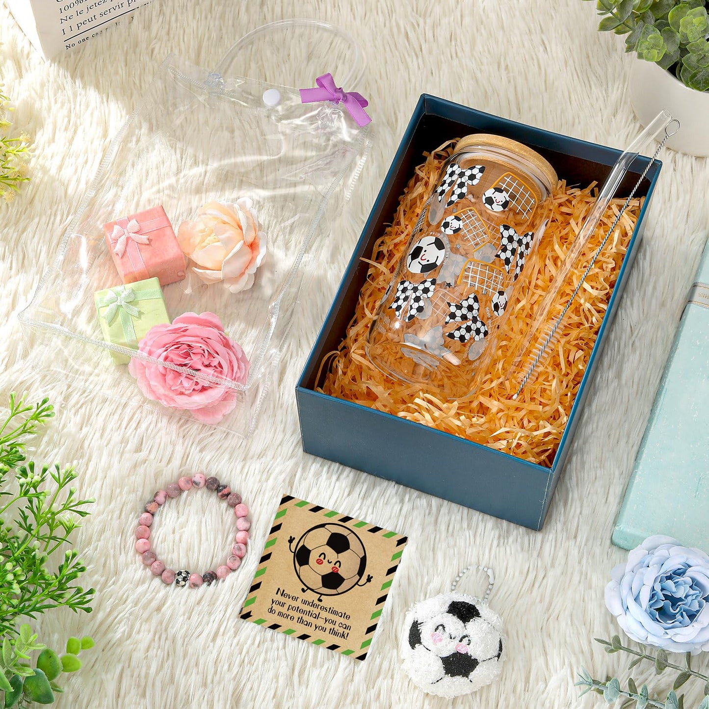 Roshtia 6 Pcs Soccer Lover Gifts Straw Glass Cup Support Doll Natural Stone Bracelet with Ribbon Card Bag Office Inspirational Gift for Coworker Team Player Sport Party Favor