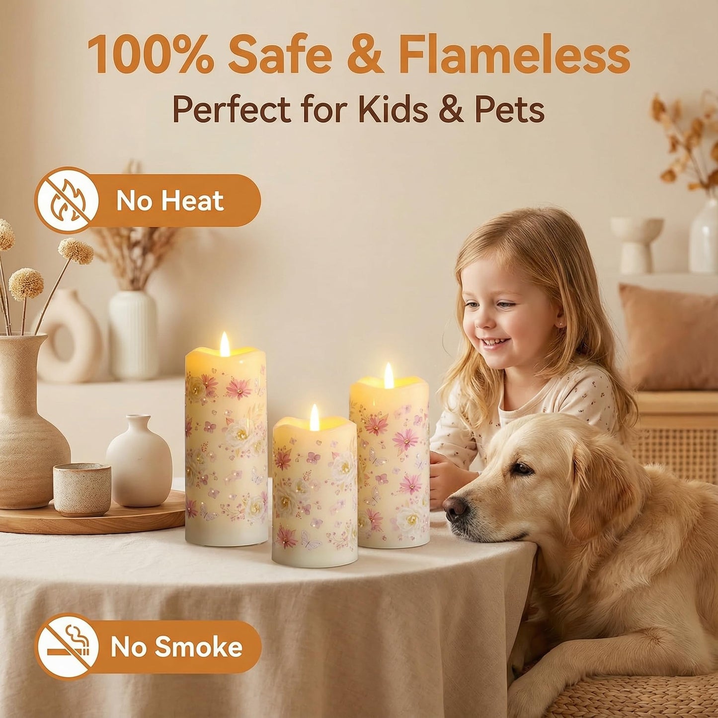 Eywamage Fiber Optic Flameless Pillar Candles with Remote, Floral Butterfly Summer LED Candles Flickering Home Decor Gift Set of 3