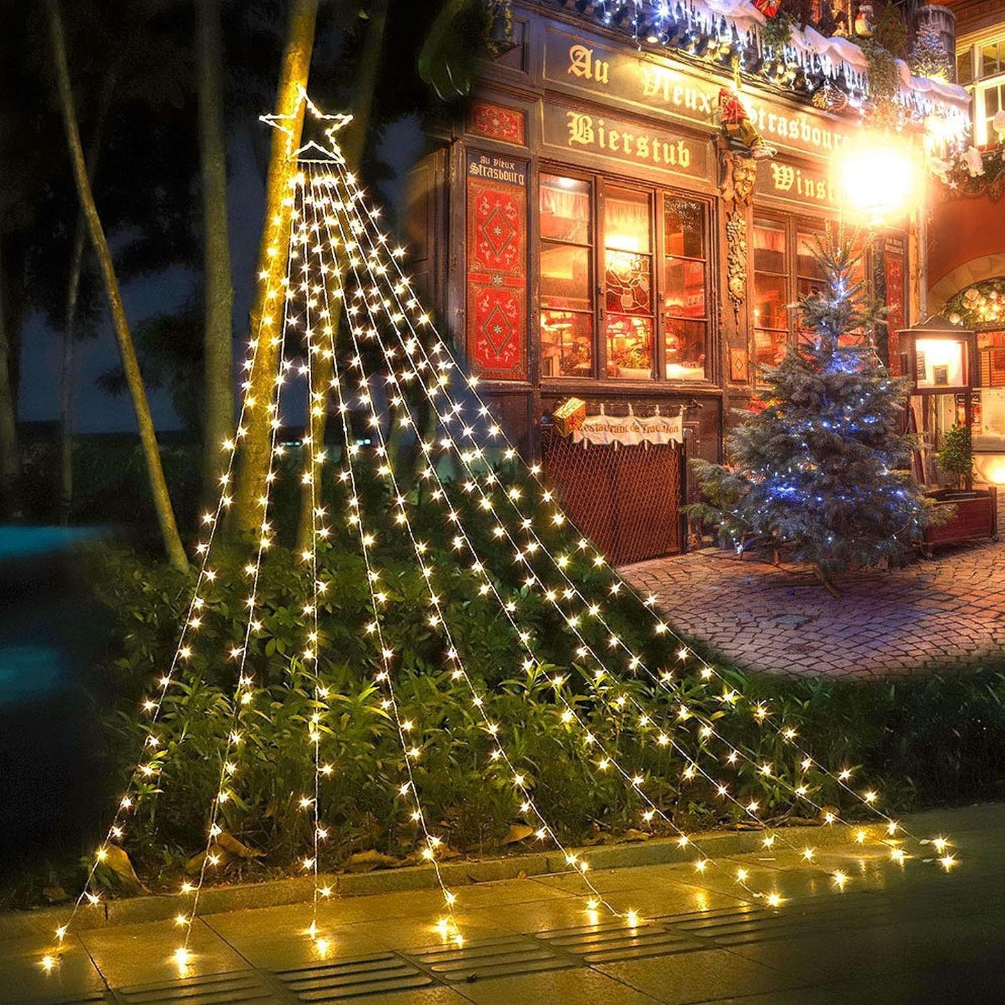 MINIAO Christmas Star String Lights, 320 LED Waterfall Tree Lights with 13" Topper Star 8 Lighting Modes Indoor Outdoor Halloween Decorations for Holiday, Wedding, Party (Warn White)