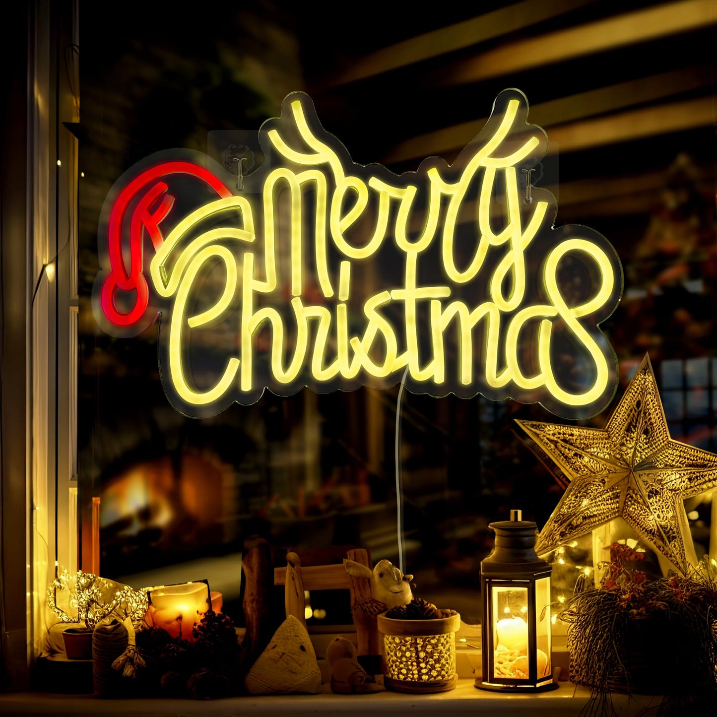 KatchOn, Large Merry Christmas Neon Signs - 16x10 Inch | Window Christmas Decorations Indoor | Xmas Party Decorations, Holiday Decor | Santa Hat Sign USB Powered LED Lights