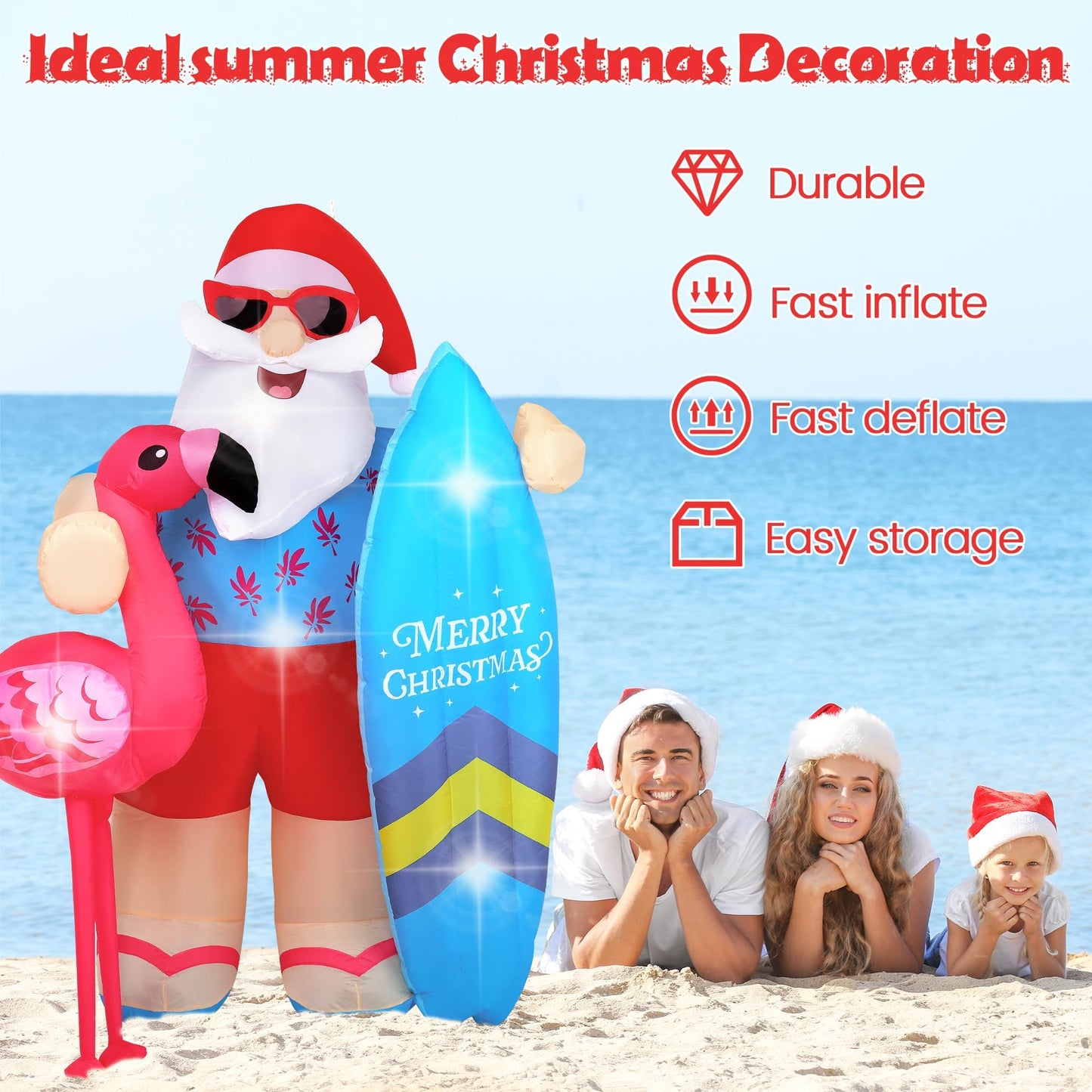 Vivantia Christmas in July Inflatable Summer Christmas Decorations 6.5 Ft Santa Claus Decoration Outdoor with Air Blower LED Lights Blow Up Garden Decor for Summer Christmas Beach Yard Party Supplies