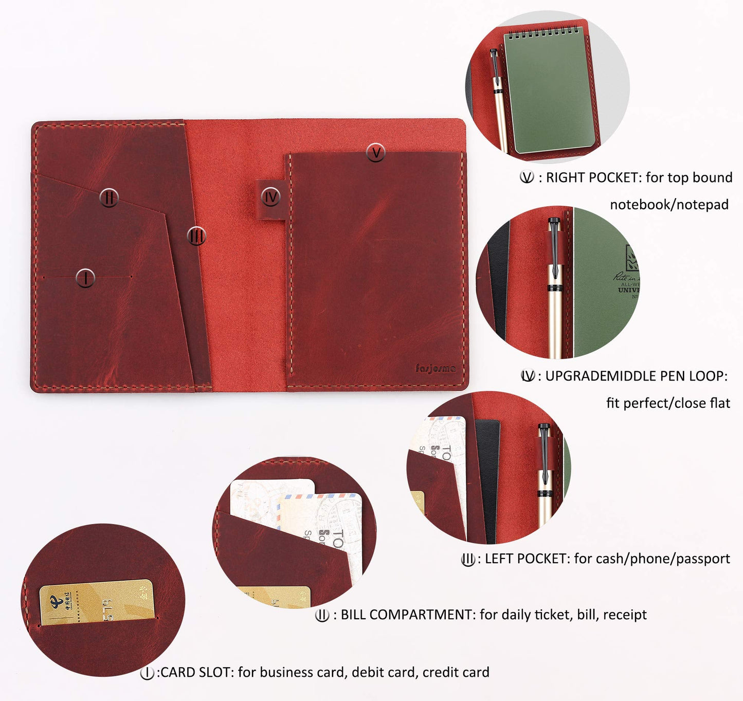 Fasjosma Leather Cover Compatible with Rite in the Rain & Rocketbook Mini Notebooks, Top Bound Spiral Notebook Cover, Leather Cover for 4'' x 6'' Pocket Notepad With Pen Holder - WINE