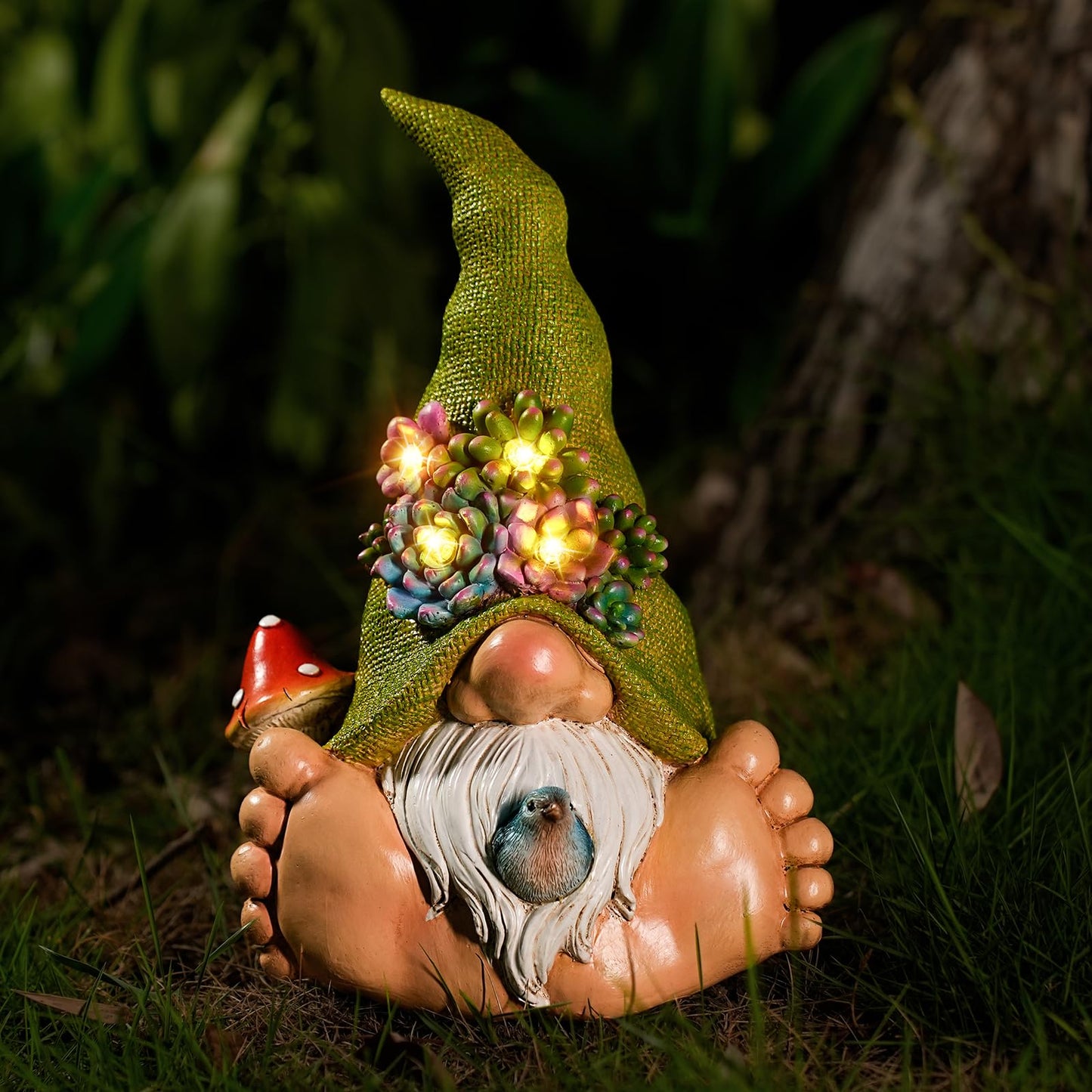 Joint Honglin Solar Succulent Gnome Garden Statue, Lighted Succulent Hat Gnome with Bird, Resin Fairy Garden Decor, Outdoor Waterproof Garden Gnome Figurine for Yard Lawn Patio Porch