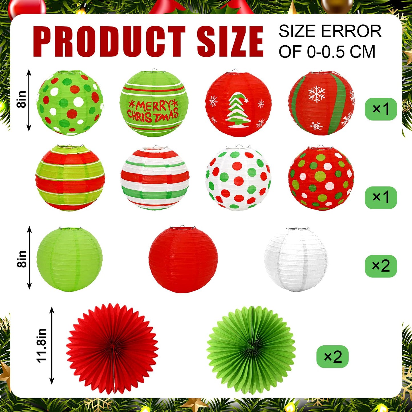 JarThenaAMCS 18Pcs Christmas Paper Lantern Set Red Green Hanging Lanterns with Paper Fans for Xmas Home Party Decoration