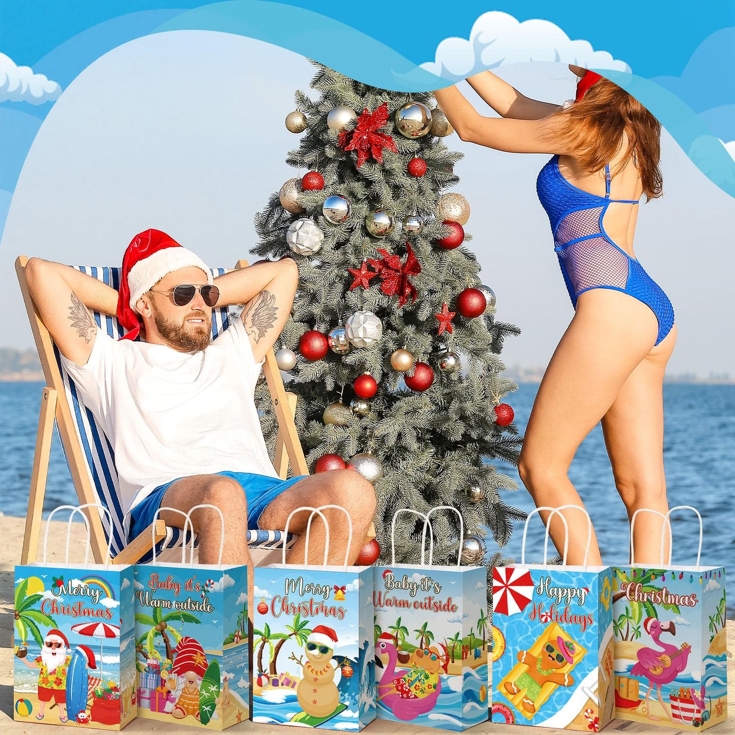Kolldenn 48 Pcs Hawaiian Christmas Goodie Bags Summer Christmas Party Favor Bag Xmas Gift Paper Bags with Handle Tropical Beach Santa Flamingo Candy Treat Pouch for Xmas Pool Birthday Party