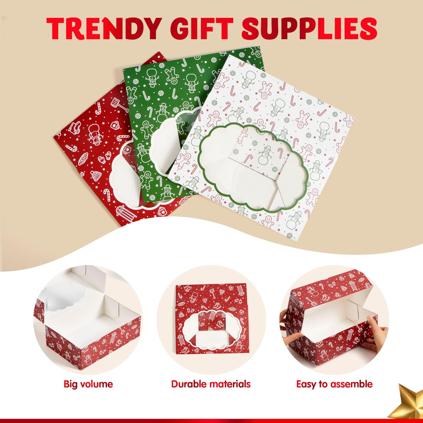 JOYIN 12PCS Christmas Cookie Boxes for Gift Giving, 8.5" x 5.75" x 2.75" Xmas Holiday Bakery Treat Boxes with Window, 4 Design Cookie Containers Box for Baked Goods, Cupcake, Pastry, Candy