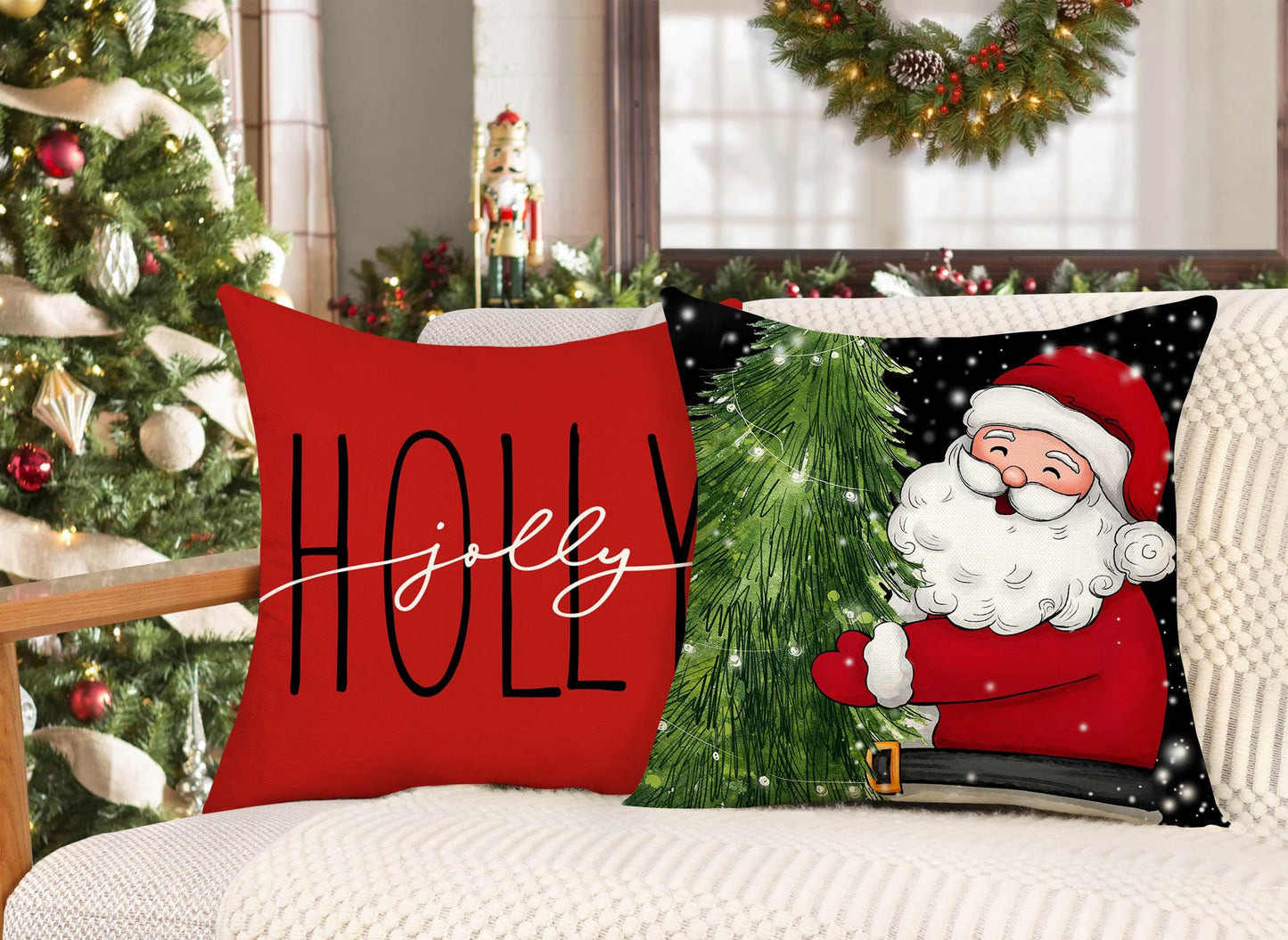 Red Black Christmas Pillow Covers 18x18 Set of 4 Farmhouse Xmas Decorations Snowman Wreath Santa Claus Tree Merry Christmas Holly Jolly Winter Holiday Decor Throw Cushion Case for Home Couch S24C27