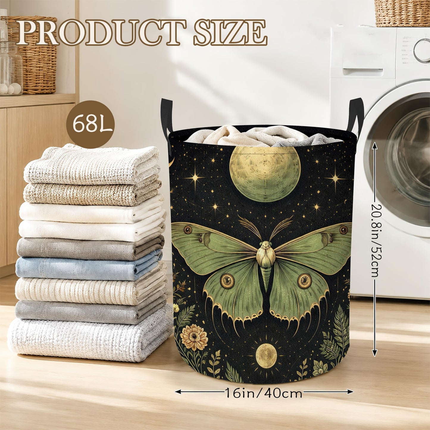 Boho Moon Moth Laundry Basket, Foldable Oxford Cloth Floral Crescent Laundry Hamper with Handles, Tote Bag Clothes Storage Bucket for Laundry Room/Bathroom/Bedroom/Dormitories 20.8"x16"