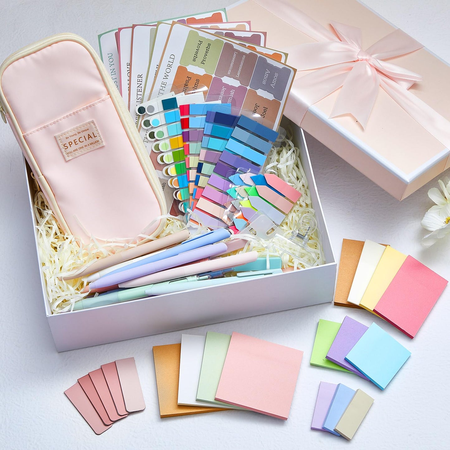 Chiisong 73 Pcs Aesthetic Bible Journaling Study Supplies Book Annotation Kit Pencil Case 12 Highlighters 14 Sticky Notes 5 Gel Pens 6 Press Pens 12 Labels for Christmas Bible School Gift(Pink)