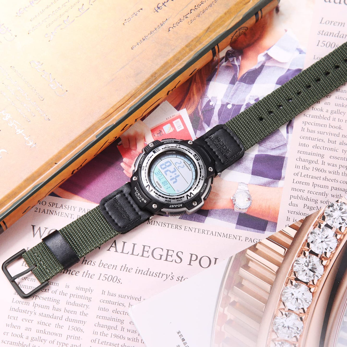 Nylon Watch Strap Compatible with Casio SGW-100 SGW-200 GW-3000B GW-3500B Replacement For Pathfinder PAS410 Band 24mm Men's Leather Strap -ArmyGreen