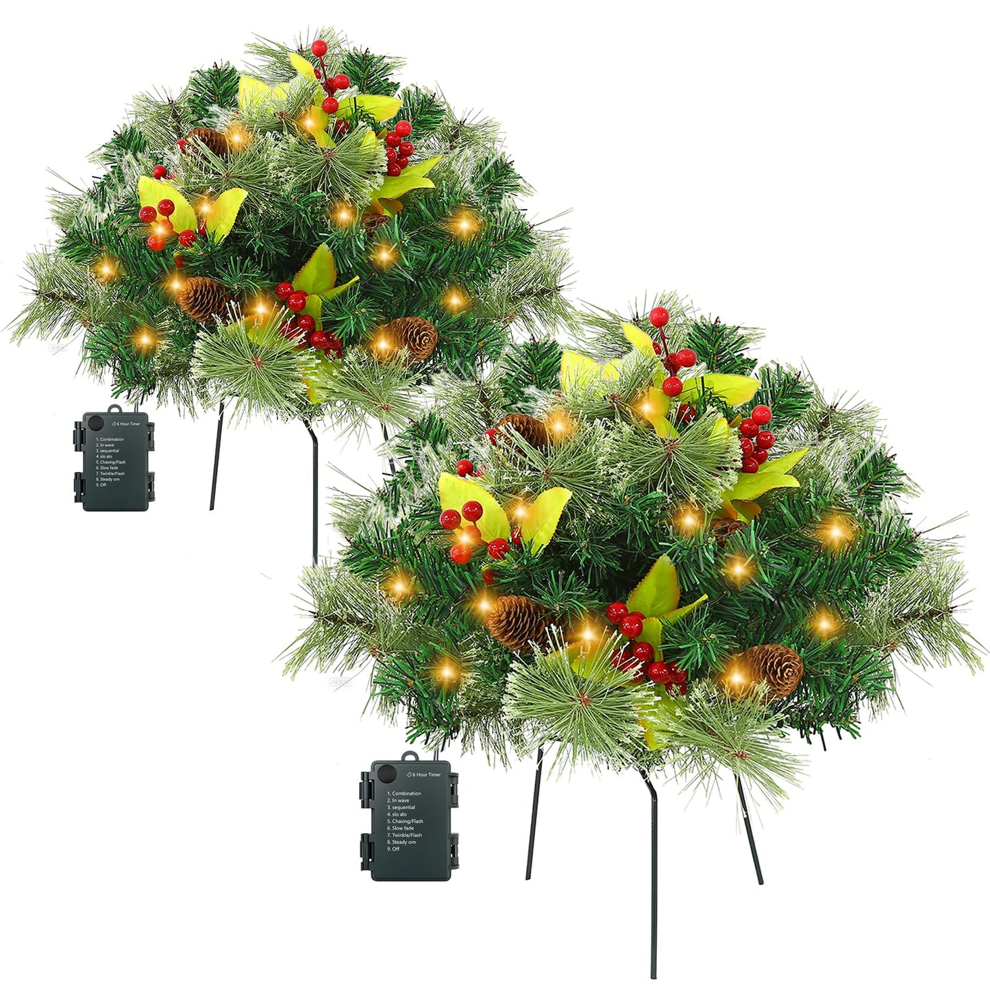 JOYHALO 2 Pack Set 18 Inch Christmas Urn Filler with 60 Warm White Lights, Battery Box with Timer, Xmas Pot Fillers with Branches Berries Pinecones, Outdoor Xmas Trees for Porch Pathway Yard Decor