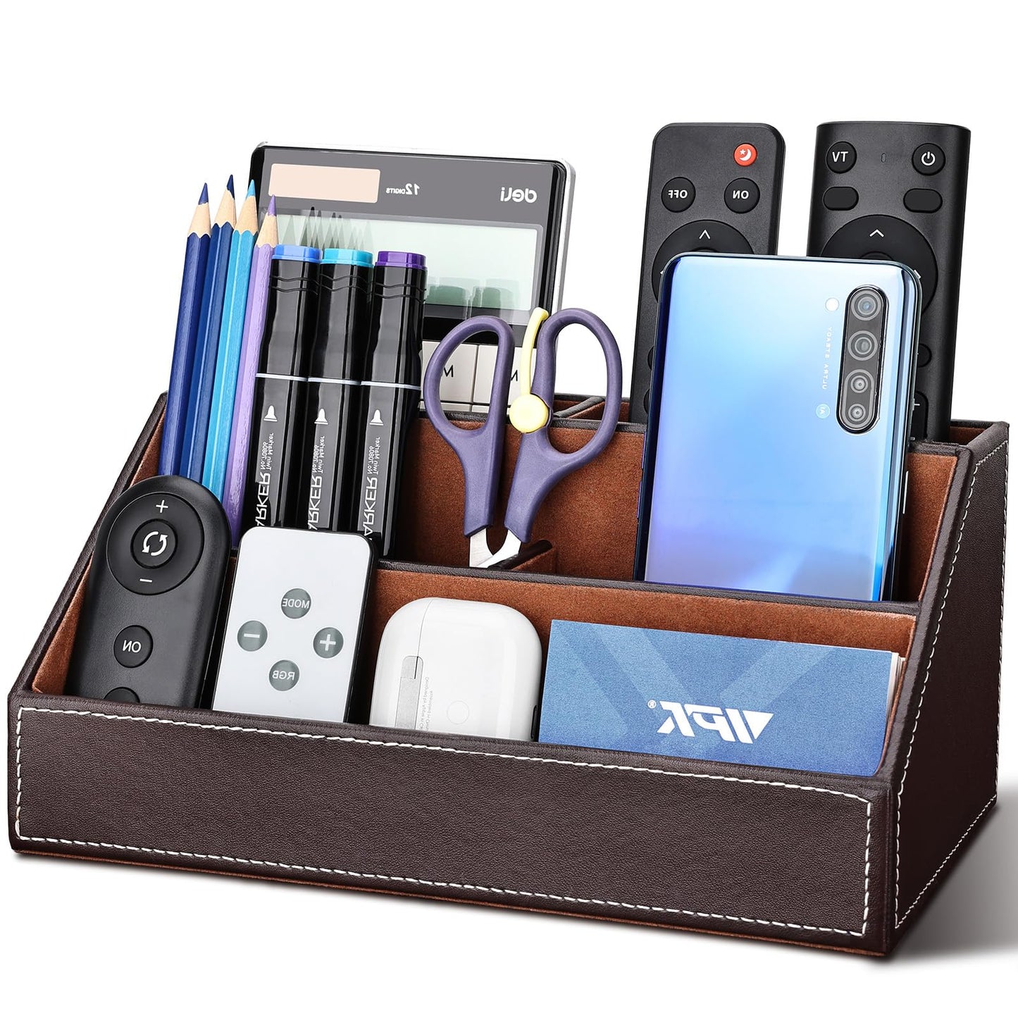 KINGFOM Pu Leather Desk Organizer with 5 Compartments Holder, Multi-Functional Office Supplies Storage Caddy for Pen/Pencil, Phones, Remote Controller and Desktop Accessorie Brown