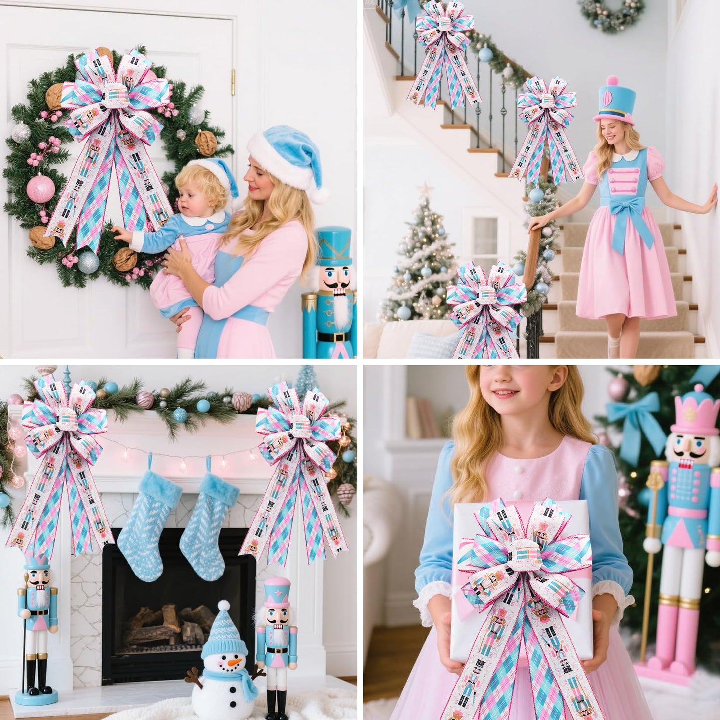 CRAFLOX Pastel Christmas Nutcracker Wired Ribbon for Wreath Bows, 3 Rolls, 2.5″ Wide, 15 Yards Total, Pastel Pink & Blue Check Wired Edge Ribbon for Crafts Supplies, DIY Bows