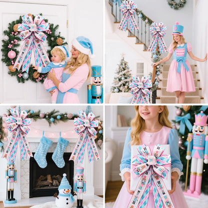 CRAFLOX Pastel Christmas Nutcracker Wired Ribbon for Wreath Bows, 3 Rolls, 2.5″ Wide, 15 Yards Total, Pastel Pink & Blue Check Wired Edge Ribbon for Crafts Supplies, DIY Bows