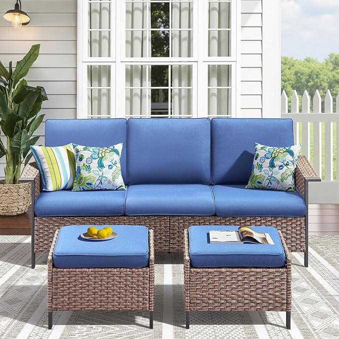 3 Pieces Patio Furniture Sofa Set-Outdoor Wicker Patio Furniture Covered Couch with Multifunctional Ottoman and High Back Outdoor Patio Conversation Set for Backyard Porch Garden Brown/Blue