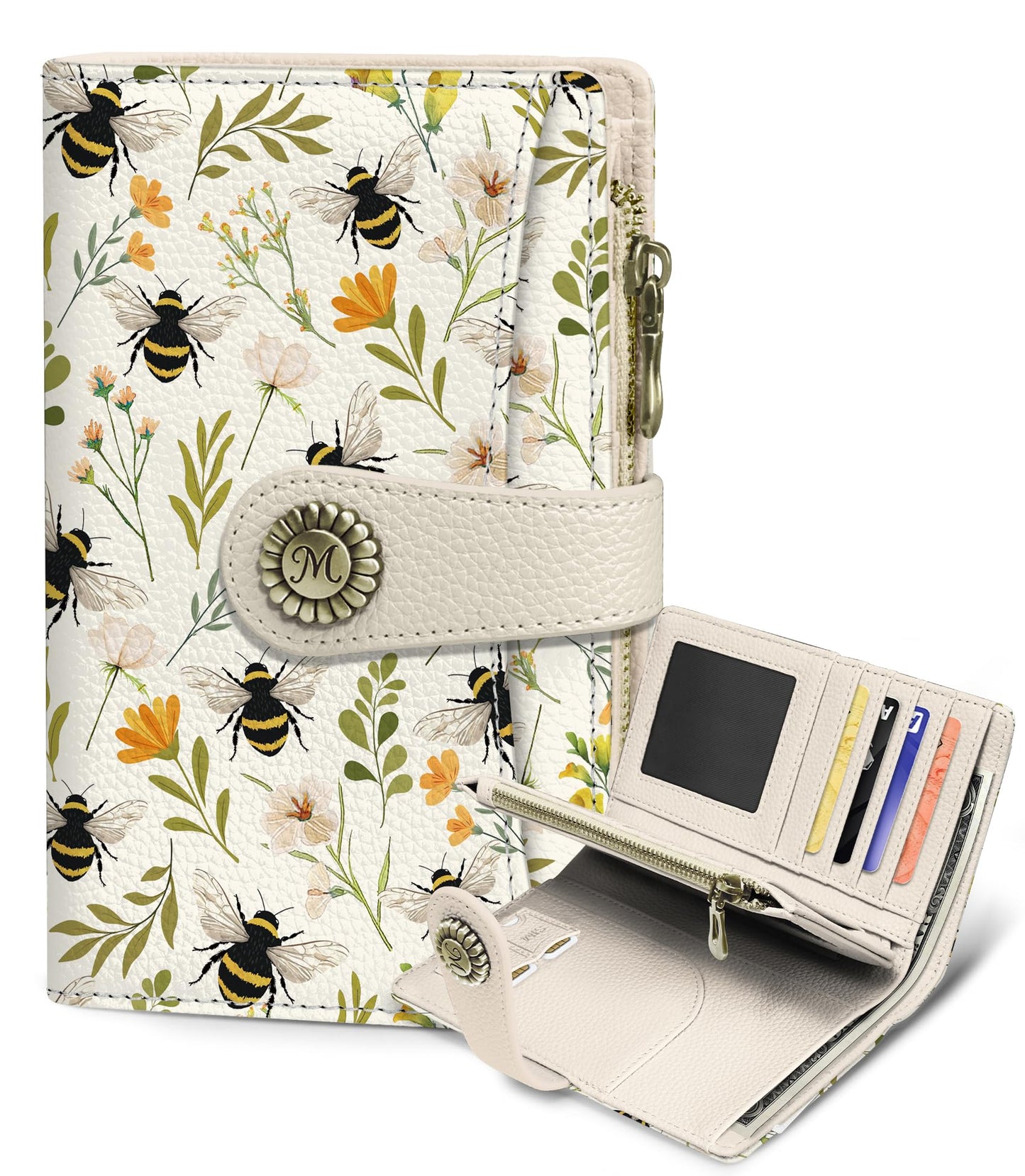 Flowers Bees Wallet Women RFID Blocking Bifold, Cute Passport Holder, Zipper Coin Pocket, Credit Card Holder, Travel billfold, PU Leather, Clutch, Cash Purse, Gift for Woman Ladies Female Girls