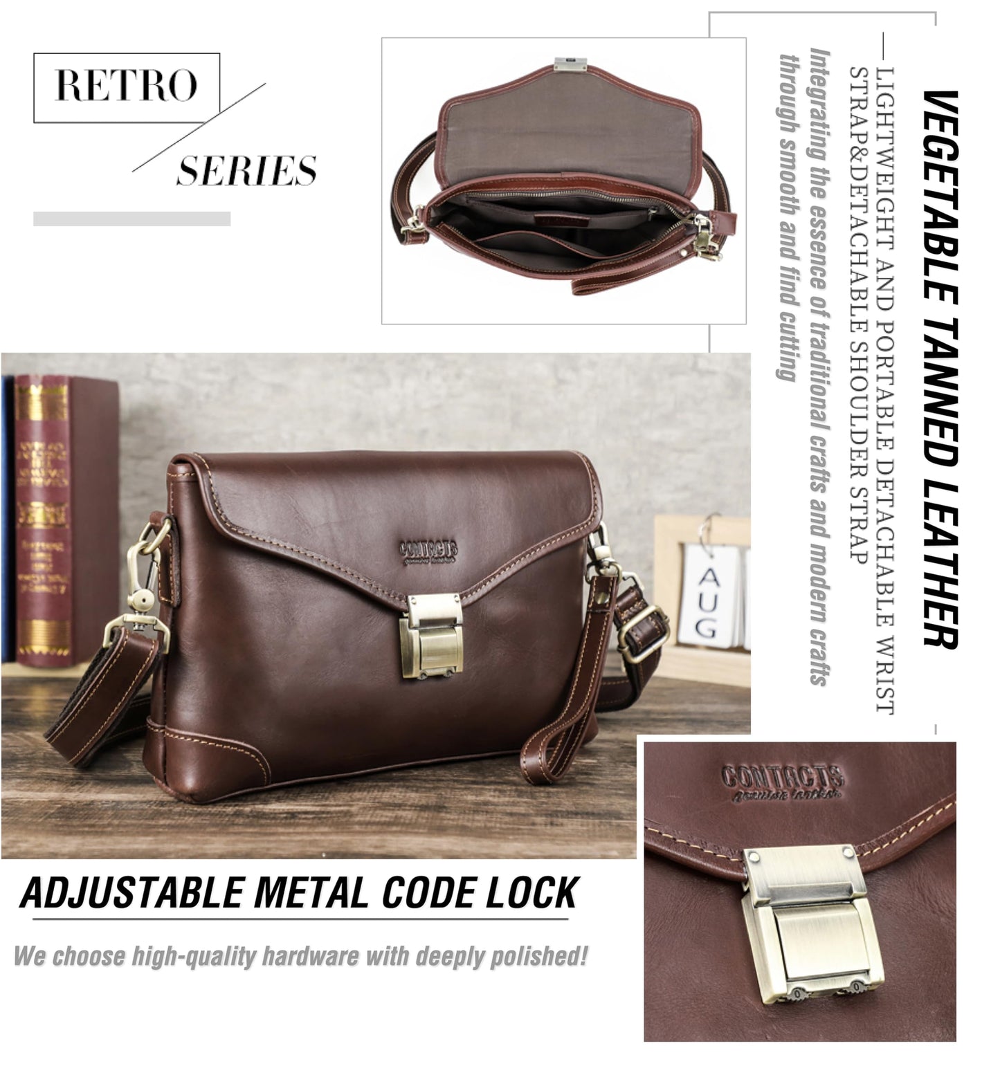 Top Grain Genuine Leather Clutch Wallet for Man & Woman, Handmade Retro Design, Combination Lock & Adjustable Shoulder Strap & Wristlet, Portable Handbag for Cards/Checks/Phone/Banknote, Dark Coffee