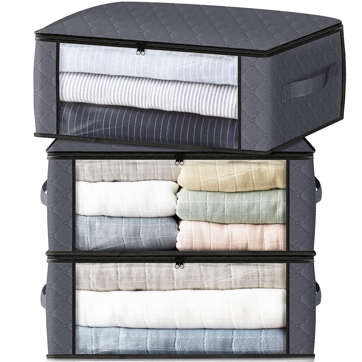 HomeHacks Storage 3-Pack Clothes Organizer Storage Bags Foldable Storage Box with Large Clear Window Sturdy Handles for Closet, Dorm, Pillows, Bedding, Clothes, Blankets, 35L, Gray