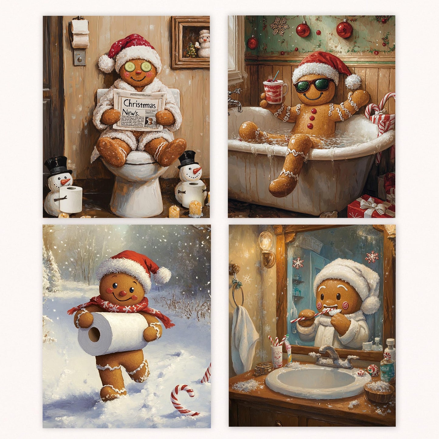 Poecinvi Funny Christmas in July Gingerbread Man Bathroom Wall Art Prints Set of 4, Funny Christmas Bathroom Decor, Gingerbread Man Posters Pictures Wall Decor for Bath Room Washroom, 8x10 Unframed