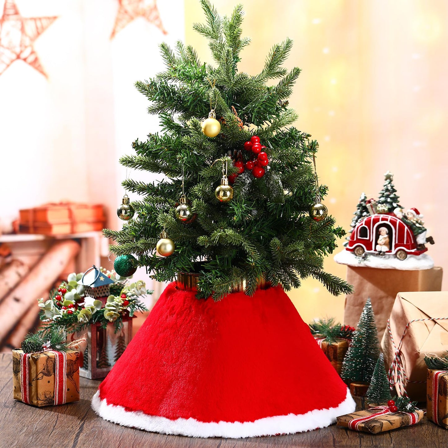 Teenyyou 3 Pcs Mini Christmas Tree Collar for 2-4 ft Mini Tree 17 Inch Diameter Base Small Red Velvet Plush Ring Skirt with White Faux Fur Stand Cover for Xmas Pencil Slim Trees Tabletop Home Decor