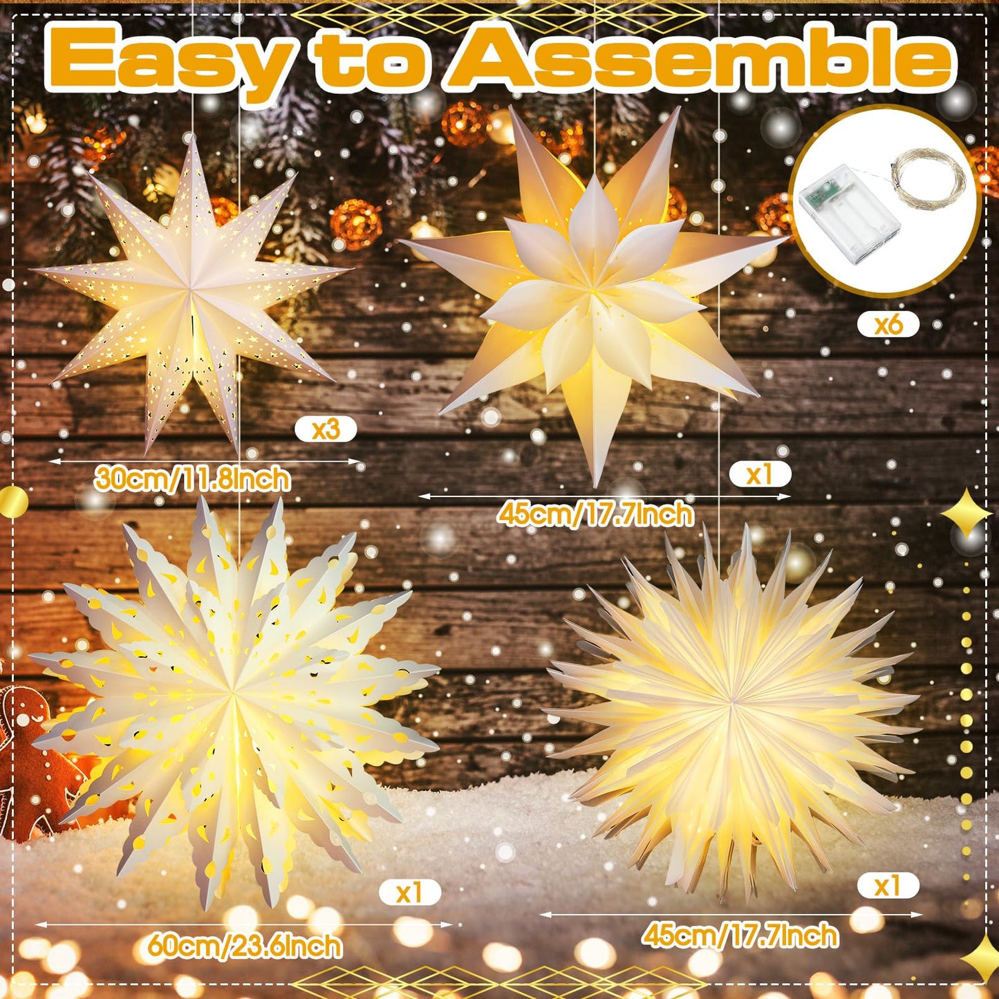 Watersay 6 Pack Winter Snowflake Paper Lantern Star Paper Lanterns with 6 LED Light White Hanging Lamp Ornaments for Christmas Winter Weddings Birthday Holiday Party Decoration(Classic Style)