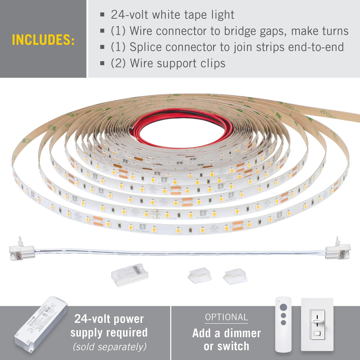 Armacost Lighting RibbonFlex Pro 24V White LED Strip Lights 60 LED/m, 6500K, 32.8 ft 185251
