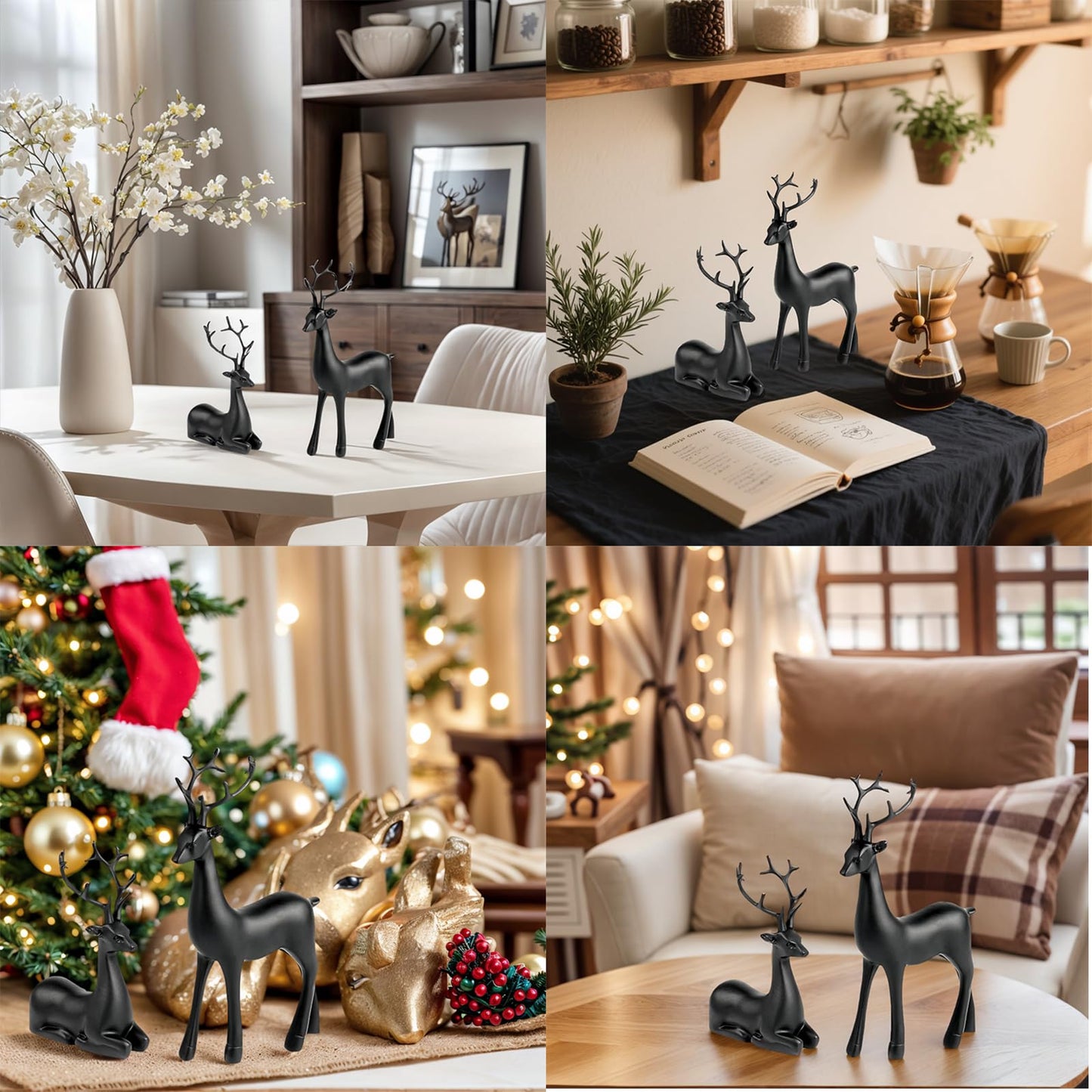 Black Small Reindeer Sculptures, 2 Pcs Matte Black Deer Christmas Decor, Modern Holiday Deer Statues, Reindeer Sculpture for Living Room, Bedroom, Office Desktop, Mantel, Shelf & Tabletop Decor