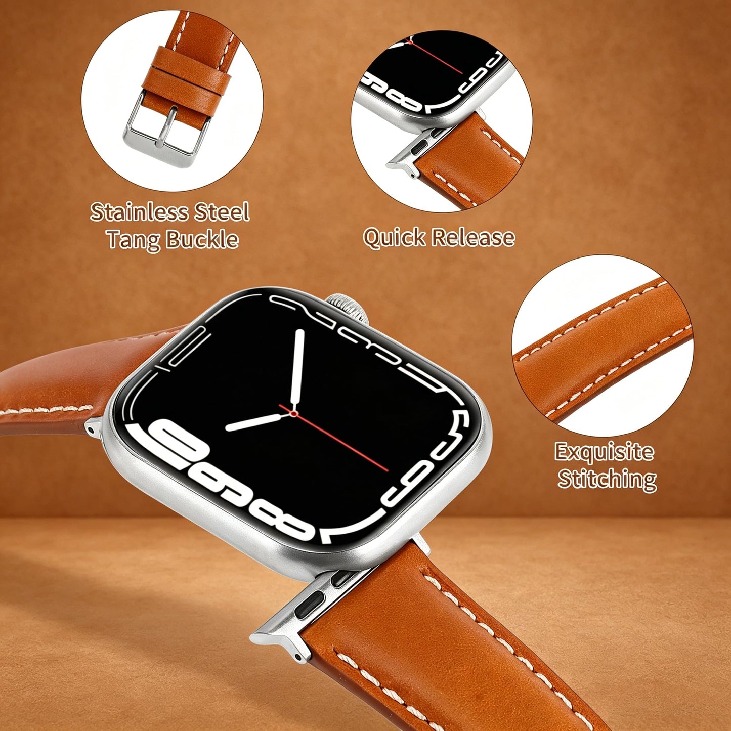 Vintage Full-Grain Genuine Leather Band Compatible with Apple Watch 42/44/45/46/49mm, Men Women Classic Business Dressy iWatch Strap for Series 11 10 9 8 7 6 5 4 Ultra SE 3 2 1, Brown