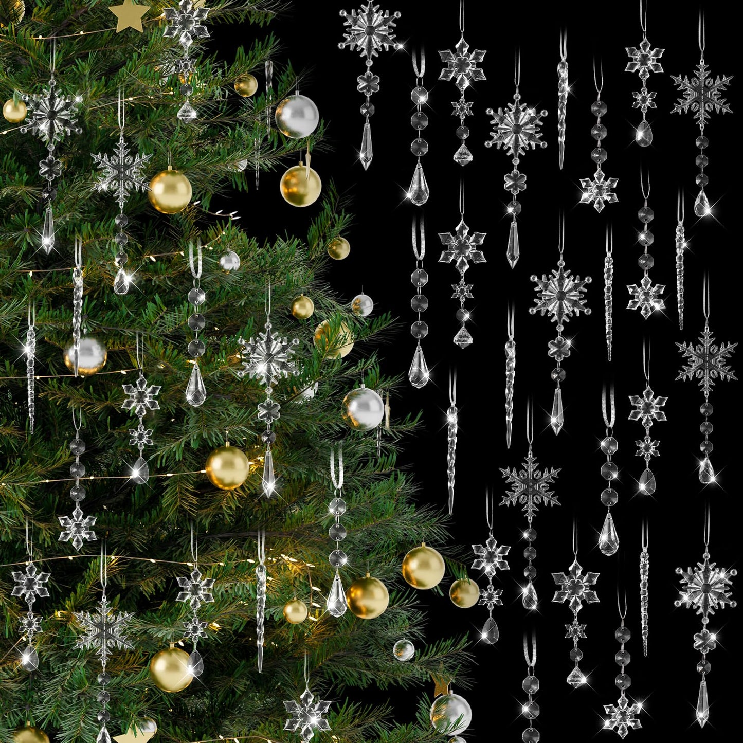 100 Pcs Christmas Tree Decoration Crystal Ornaments Hanging Snowflake Icicle Drop Crystal Christmas Ornaments for Tree Winter Wonderland Party Supplies