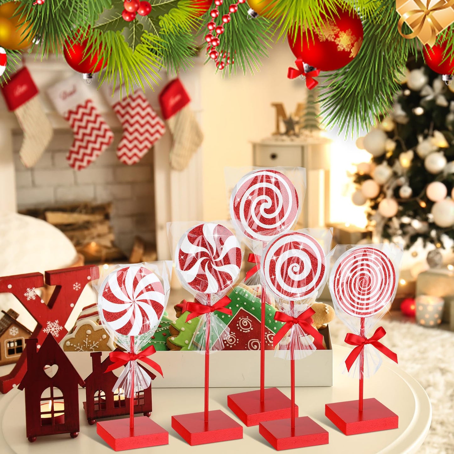 Chunful 10 Pcs Red Christmas Candy Wooden Tabletop Decor Candy Cane Christmas Decorations Table Centerpiece Sign for Xmas Tiered Tray Home Desk Office Party Decoration